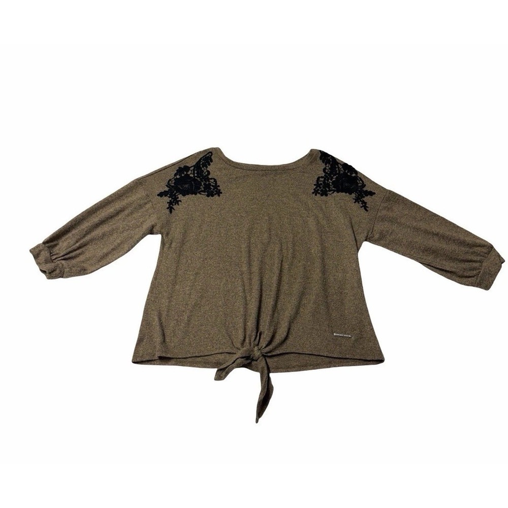 Adrienne Vittadini Top Medium Brown Lace Shoulder Tie Front Blouse Boho Earthy